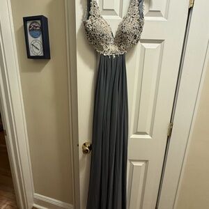 La Femme Gray and Cream Prom Dress